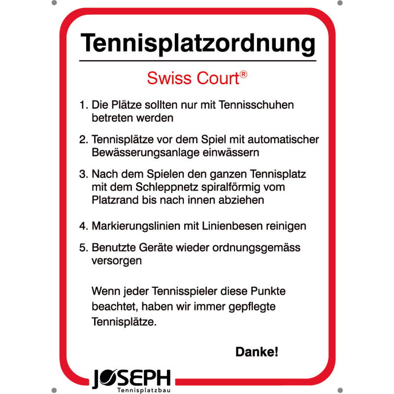 06025 Hinweisschild Tennisplatzordnung Swiss Court Grösse 30 x 40 cm